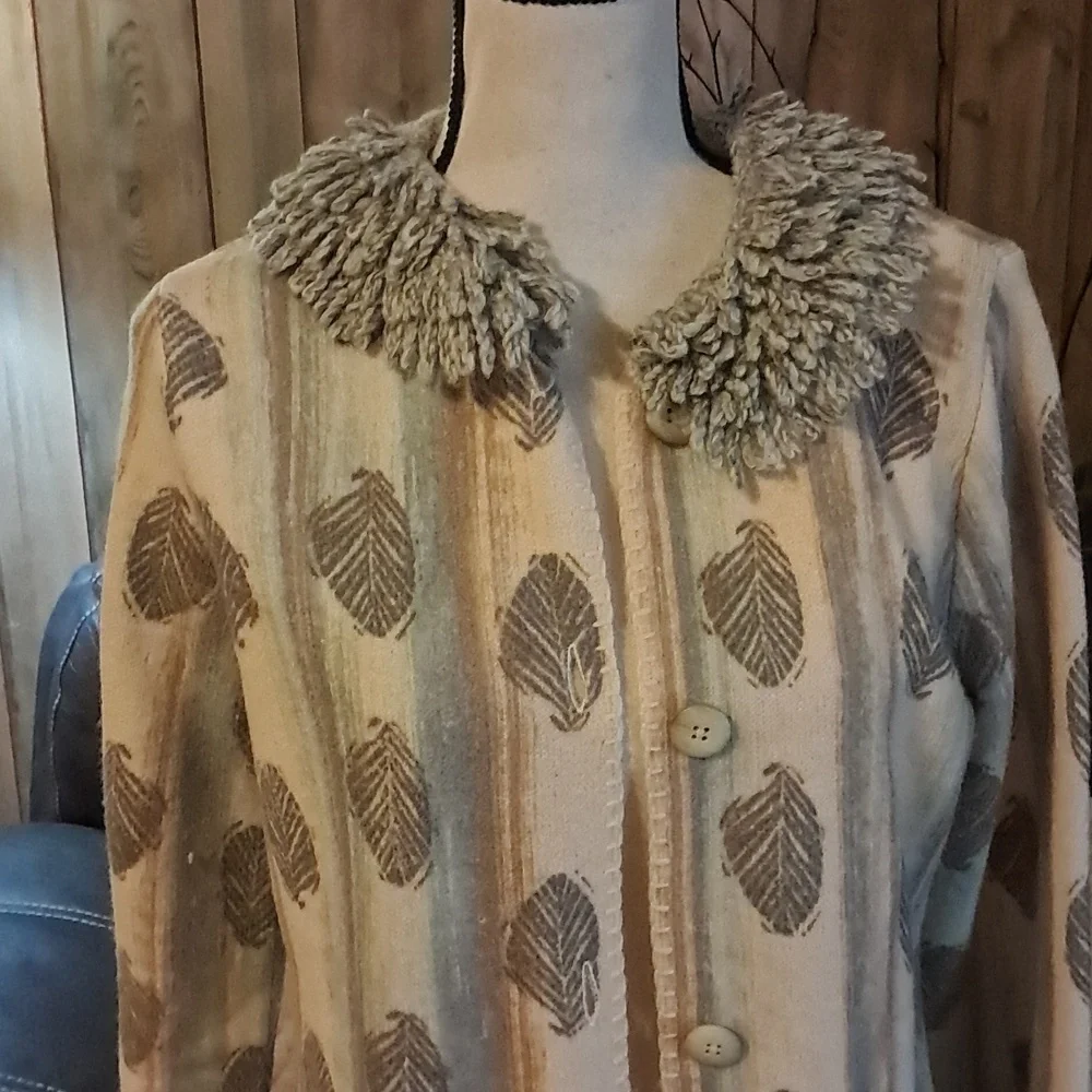 Sigrid Olsen 100% Wool Button Down Cardigan Sweater Size M Boho Grandmacore Leaf - Picture 4 of 12